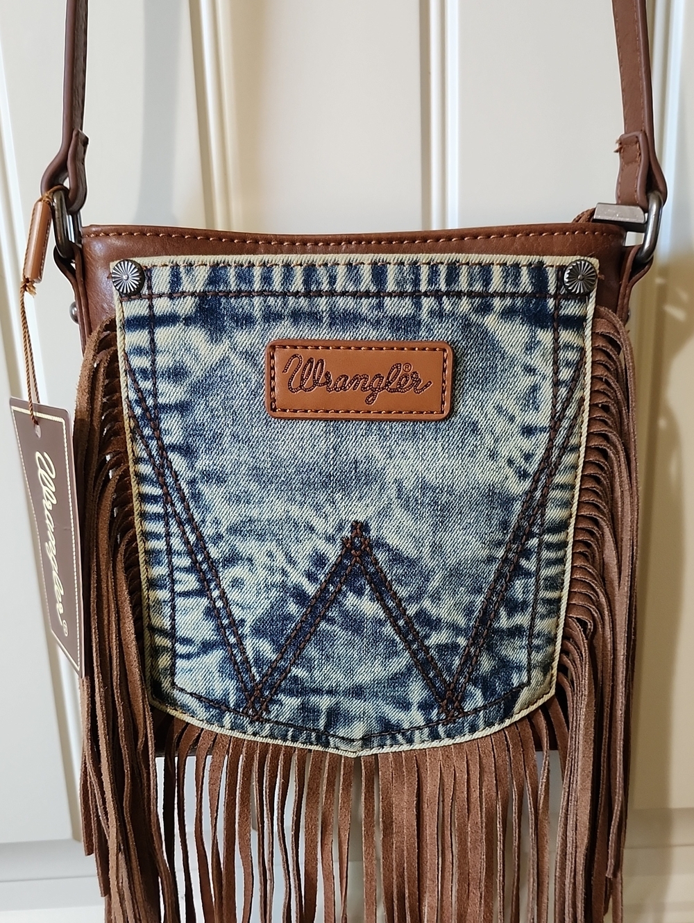 Wrangler Denim & Brown Fringe Crossbody Bag New Used Condition - Picture 2 of 10